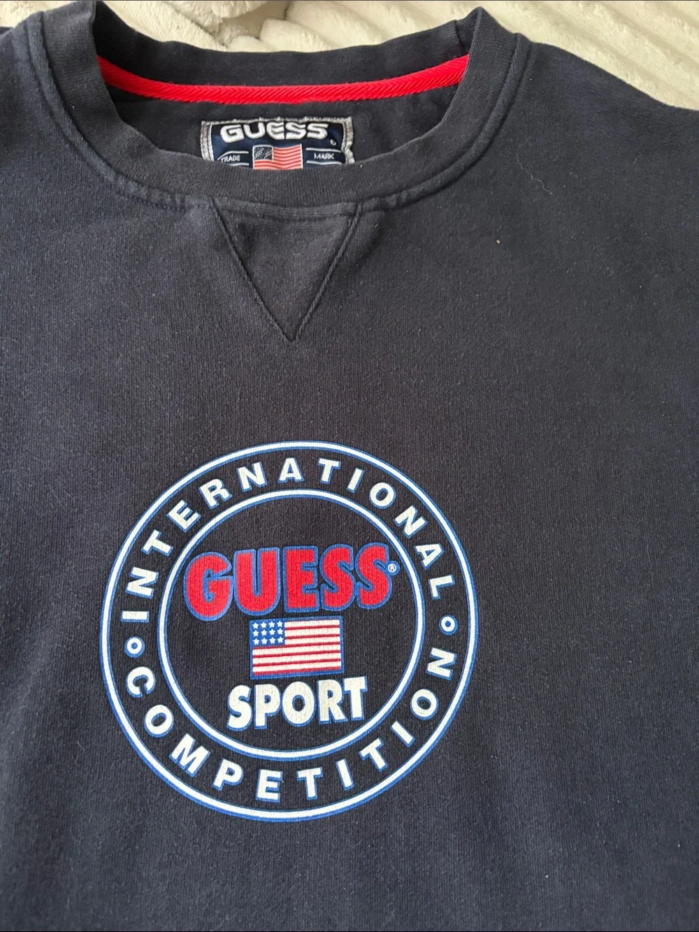 Vintage Guess Navy Crewneck Sweatshirt with Red Trim and Logo vi